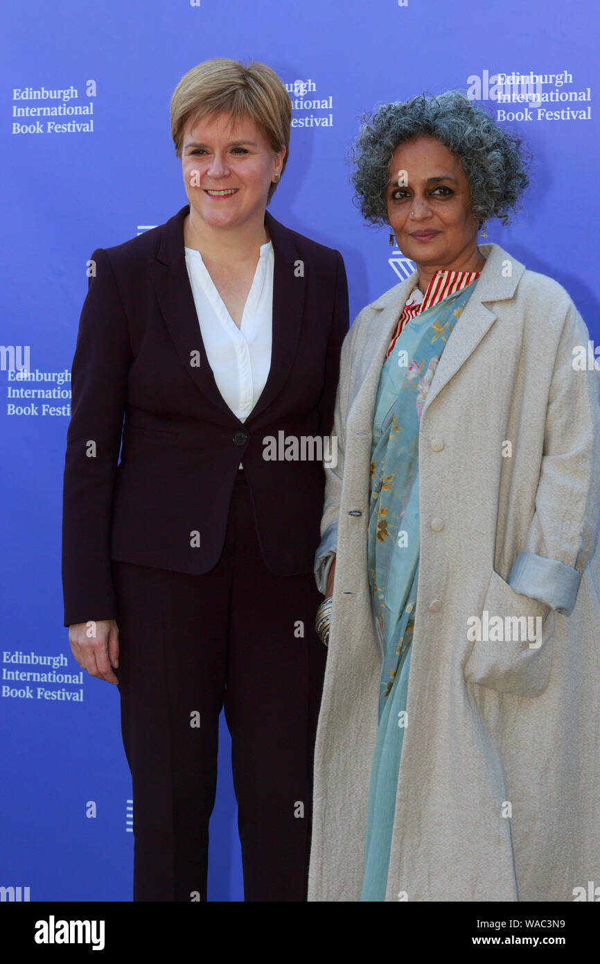 Edinburgh, Scotland. 19 August. 2019. Arundhati Roy & Nicola Sturgeon attend a photo call at Edinburgh International Book Festival. Pako Mera/Alamy Live News Stock Photo