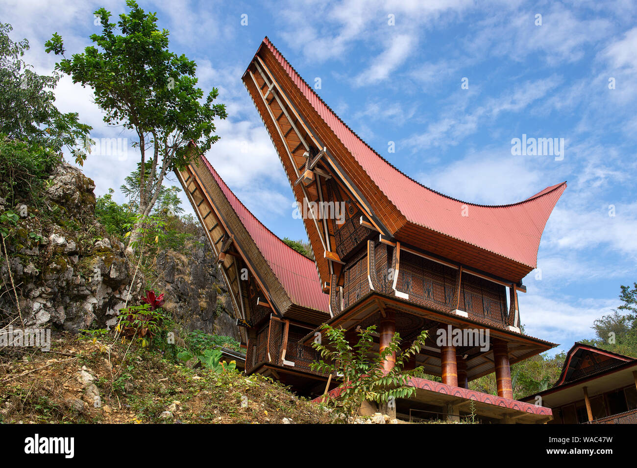 Traditional Alang rice barn, Rantepao, Tana Toraja, South Sulawesi, Indonesia . Alang houses have a distinguishing boat-shaped. Stock Photo