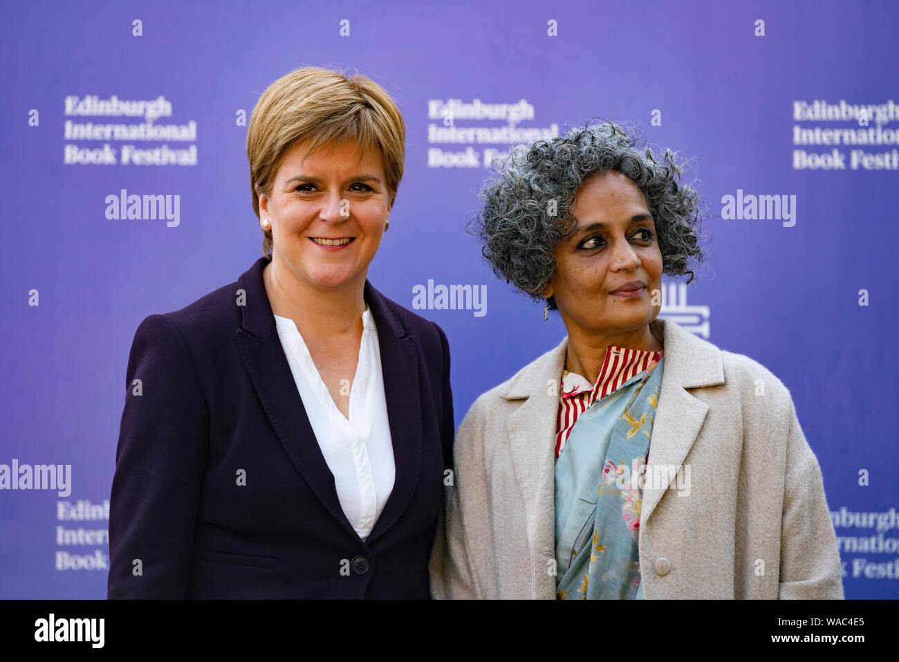 Edinburgh, Scotland, UK. 19 August 2019.Nicola Sturgeon and Arundhati Roy. RoyÕs new book of essays, My Seditious Heart , is a memoir of the authorÕs life as a writer and a citizen. Roy discusses her novels, her essays and her astonishing experiences with ScotlandÕs first Minister Nicola Sturgeon. Iain Masterton/Alamy Live News Stock Photo