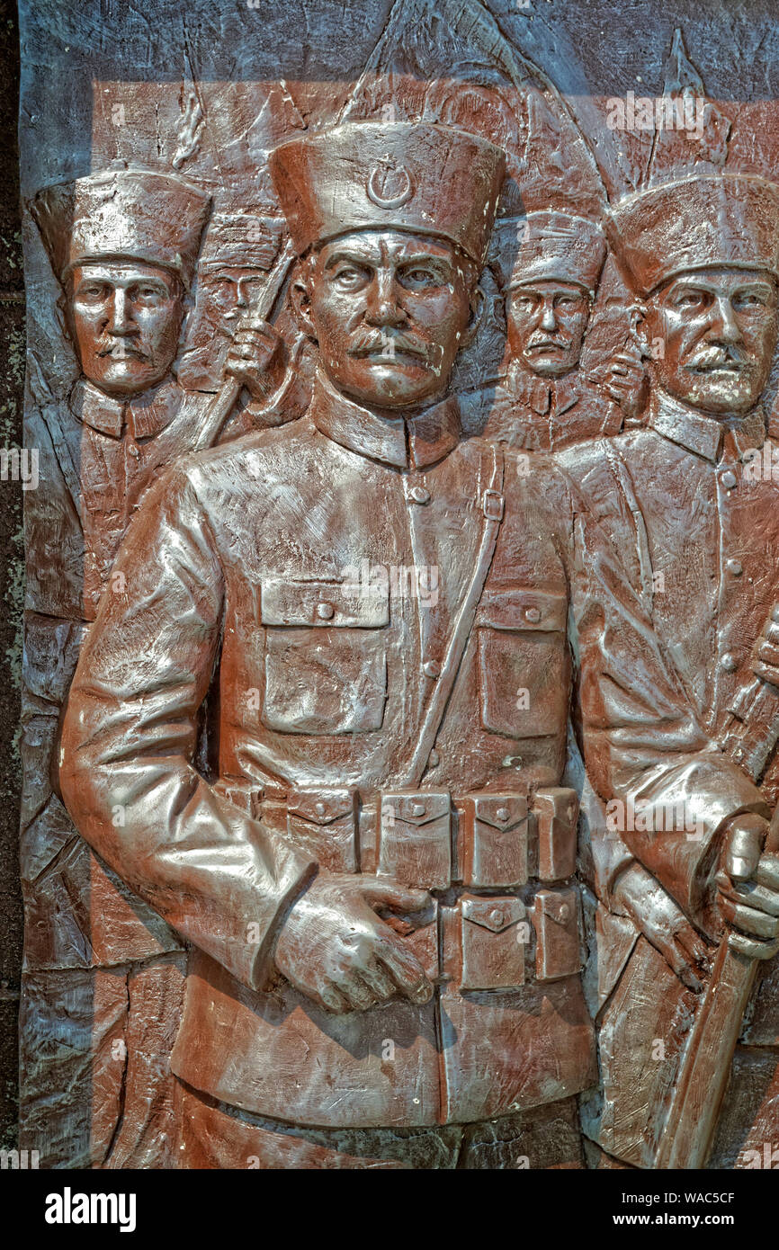 Relief showing Turkish Republic founder Mustafa Kemal Ataturk as military leader. Part of a memorial in the town of Bodrum, Mugla, Turkey. Stock Photo