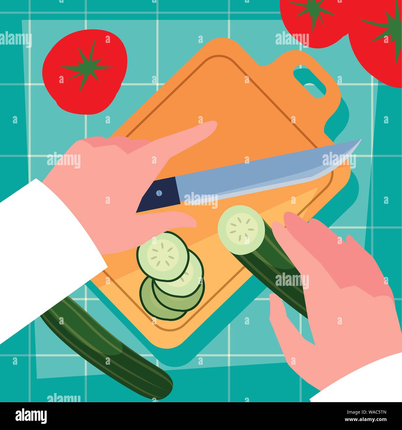 hands of chef with knife and kitchen board vector illustration design Stock Vector