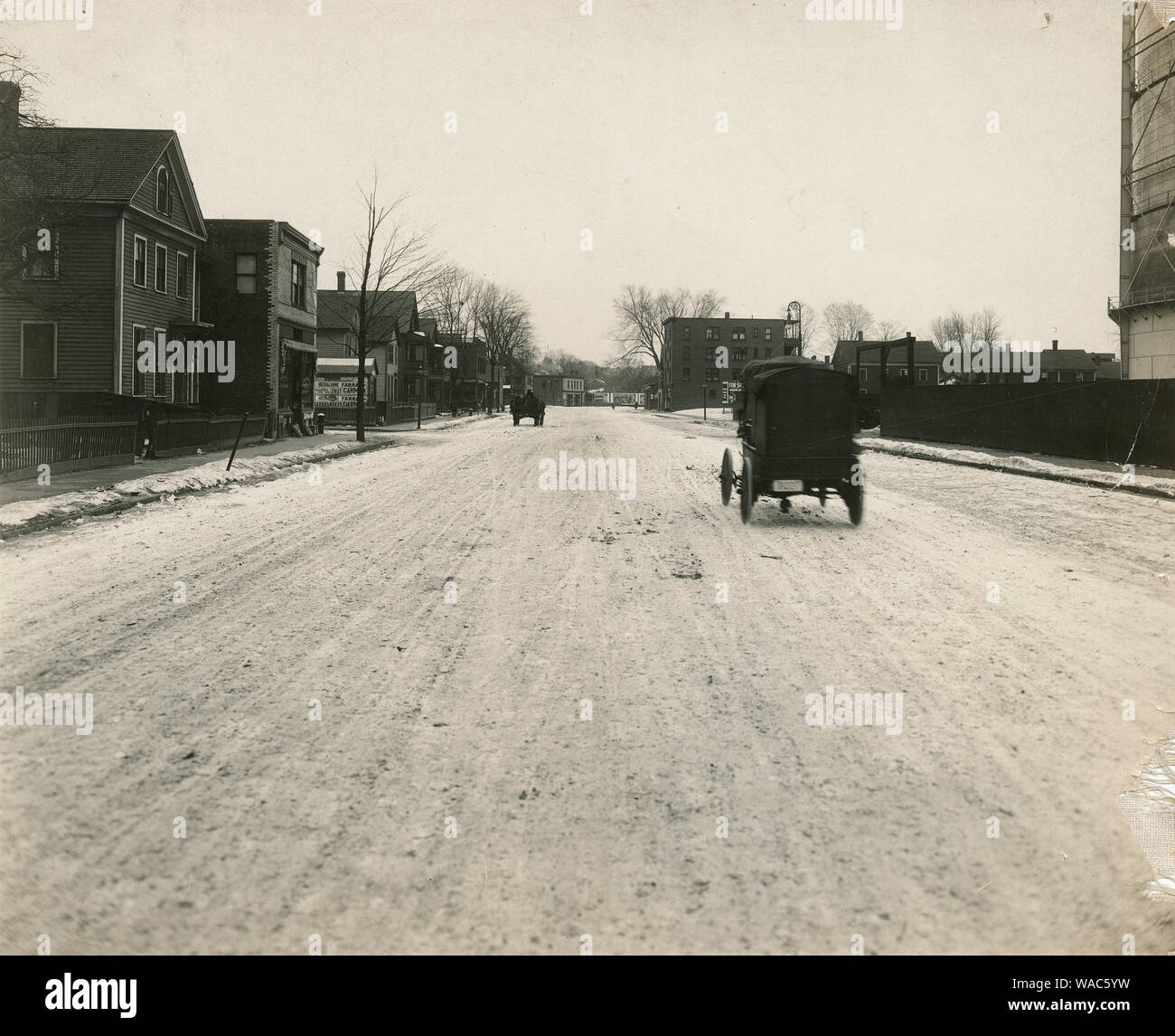 Antique c1915 photograph, winter scene in Springfield, Massachusetts, USA. Exact location unknown; possibly Main Street. Geraldine Farrar was in Carmen, the movie, during the first week of November 1915, at the Broadway Theater in Springfield. SOURCE: ORIGINAL PHOTOGRAPH Stock Photo