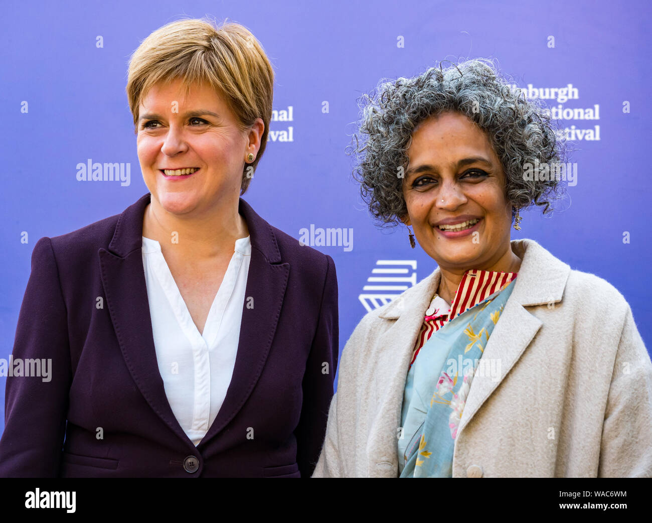 Edinburgh, Scotland, UK, 19th August 2019. Edinburgh International Book Festival. Pictured: Nicola Sturgeon, First Minister, hosts a discussion with Indian author Arundhati Roy at the book festival. Arindhati Roy is an Indian author and political activist involved in human rights and environmental causes Stock Photo
