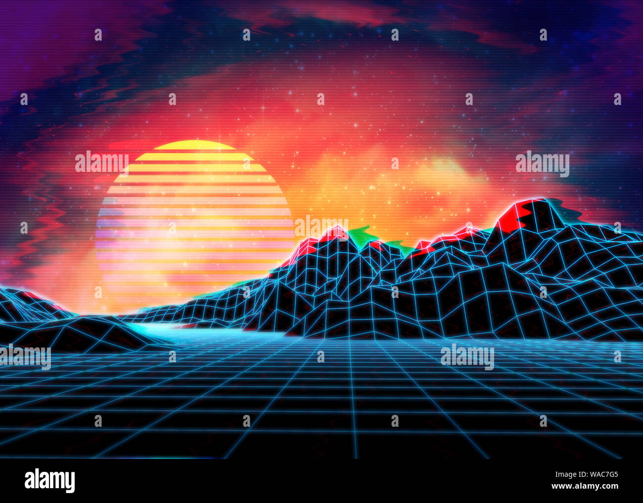 Neon glowing grid rocks, retro futuristic landscape design Stock Photo ...