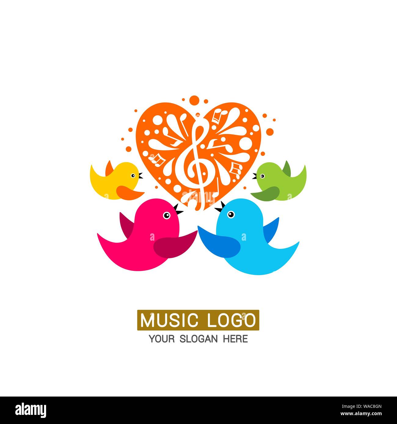 Music logo. A family of birds around a treble clef with colored elements. Stock Vector