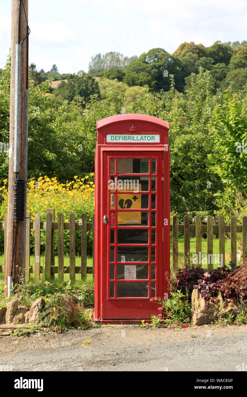 A defibrillator for public use housed in an old British telephone box
