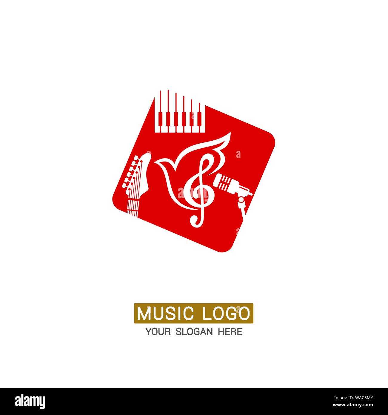 Music logo. Dove on the background of a treble clef and musical instruments Stock Vector