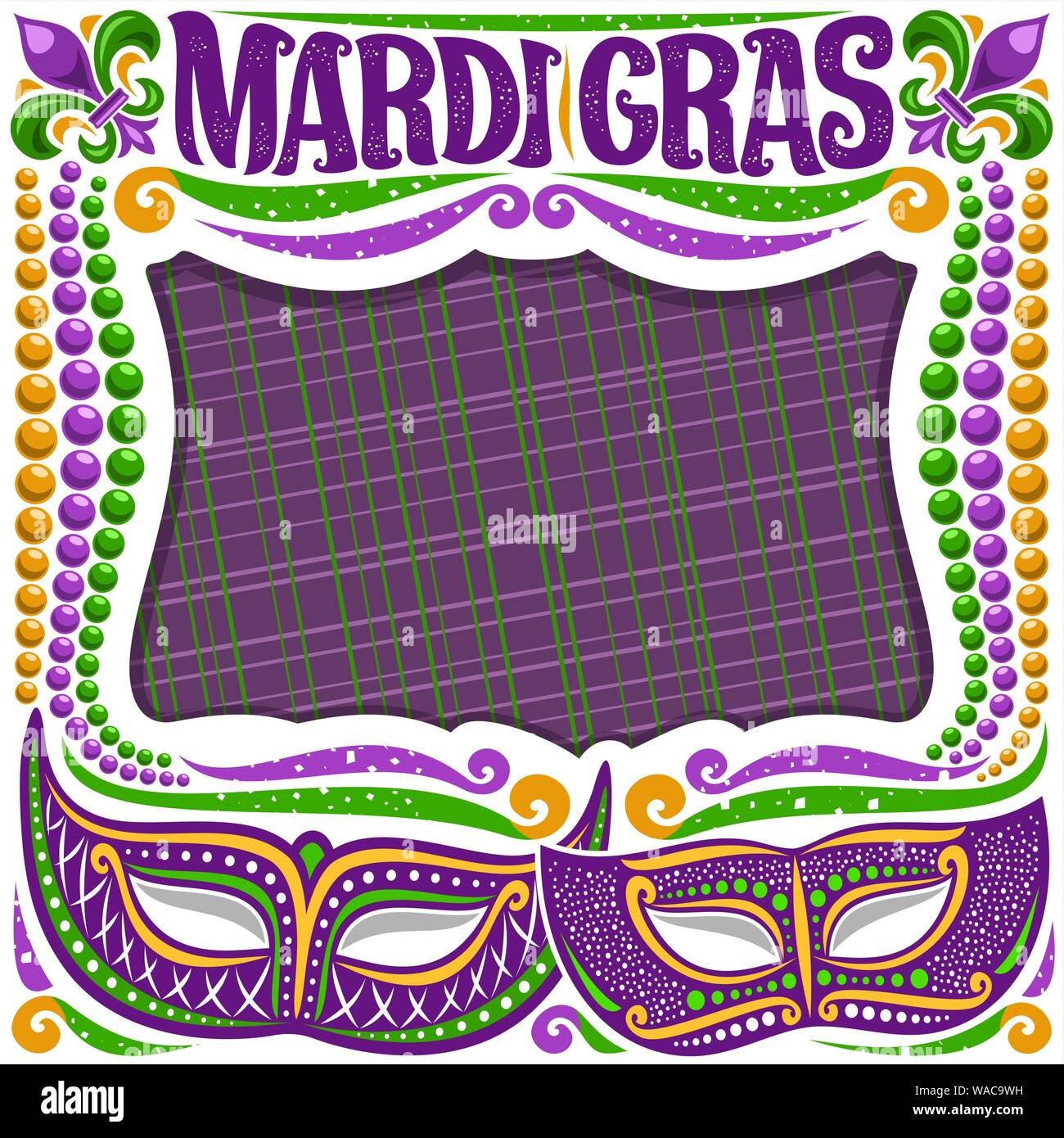 Vector frame for Mardi Gras with copy space, white layout with illustration of carnival masks, traditional symbol of mardi gras - fleur de lis, colorf Stock Vector