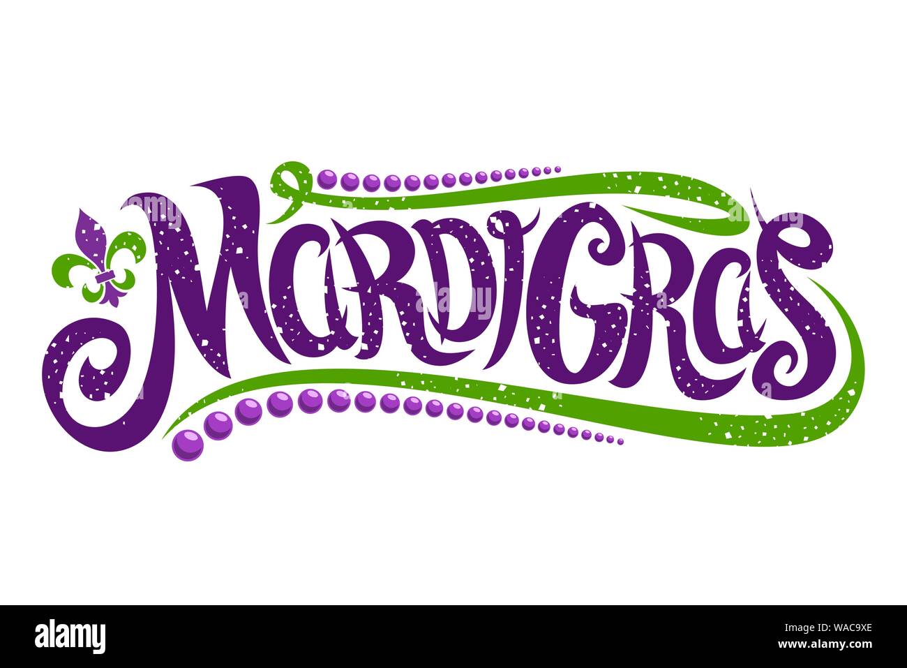 Vector lettering for Mardi Gras carnival, filigree calligraphic font with traditional symbol of mardi gras - fleur de lis, elegant fancy logo with gre Stock Vector