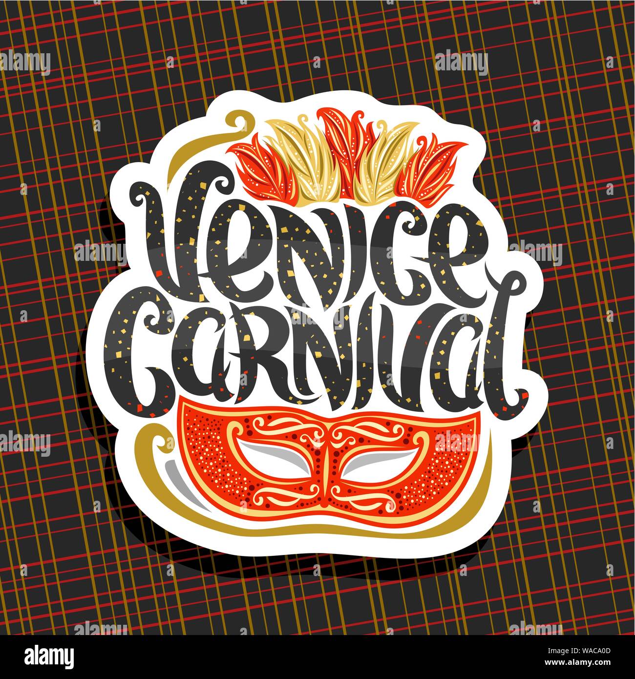 Vector logo for Venice Carnival, cut paper sign with illustration of red masquerade mask, colorful feathers for headdress, elegant handwritten typefac Stock Vector