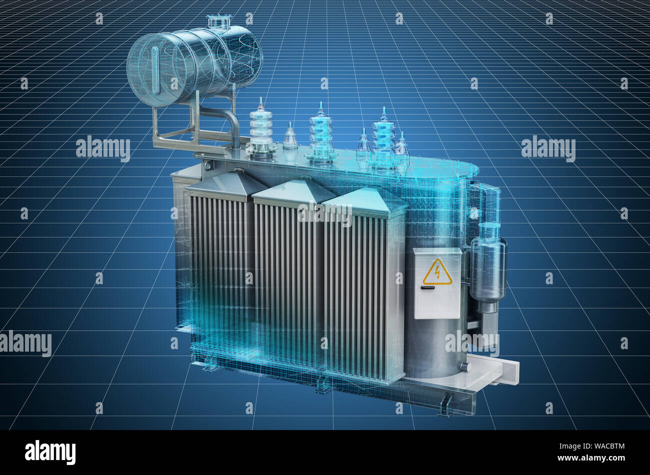 Visualization 3d cad model of transformer oil, high voltage power