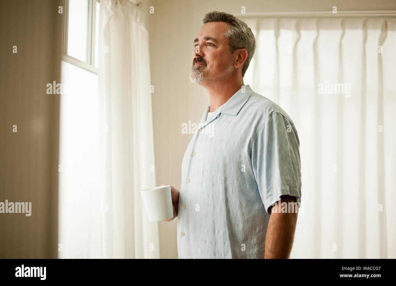 Mature adult man standing in a living room looking pensive. Stock Photo