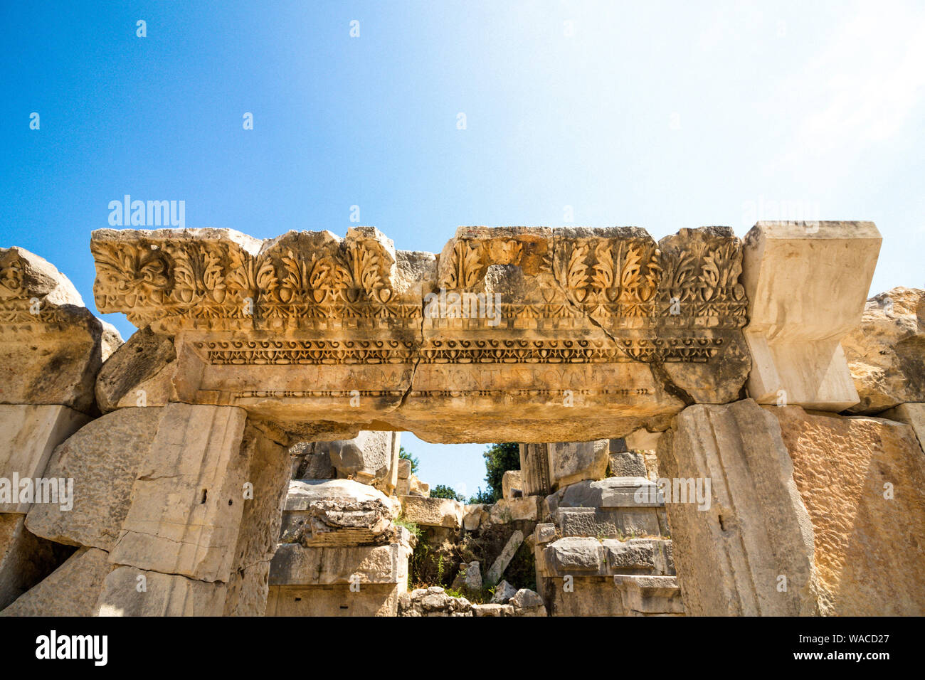 The ruins of the ancient city and amphitheater. The building was built by the ancient Romans in the territory of modern Turkey. Stock Photo