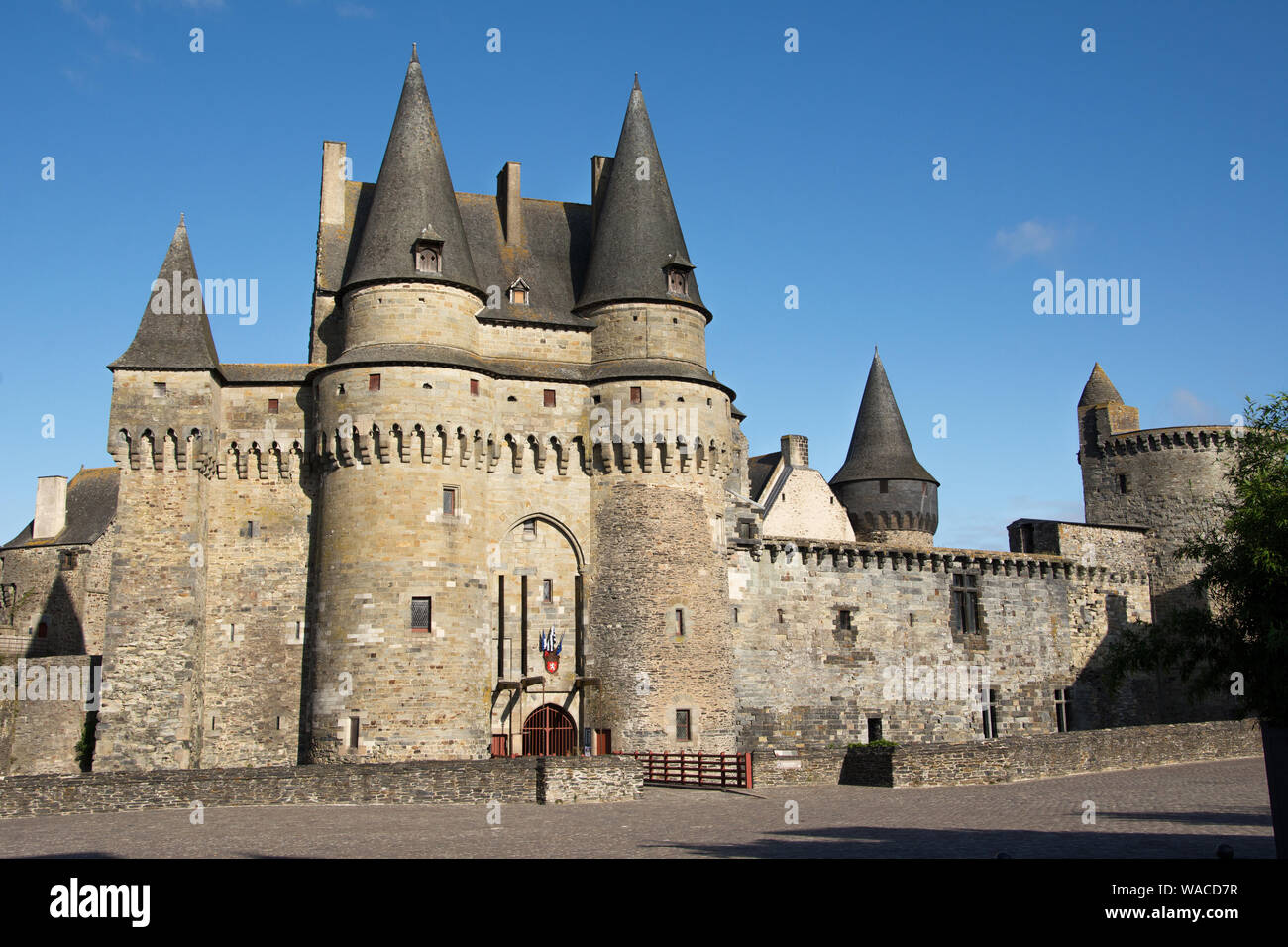 The famous medieval Château de Vitré in the town of Vitré, in the Ille-et-Vilaine département of France. Stock Photo