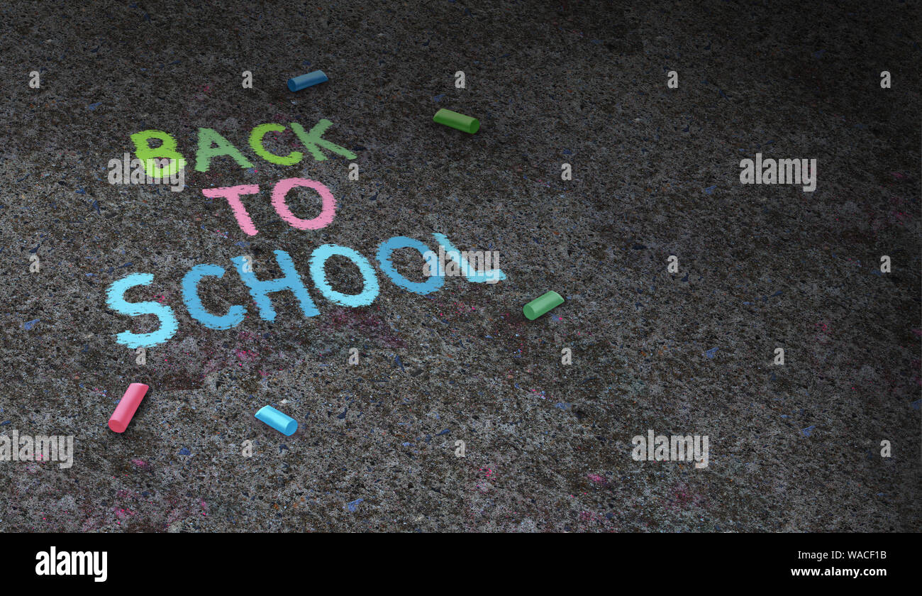 Back to school text drawing in chalk on asphalt in a as a learning symbol for a return to education in a 3D illustration style. Stock Photo