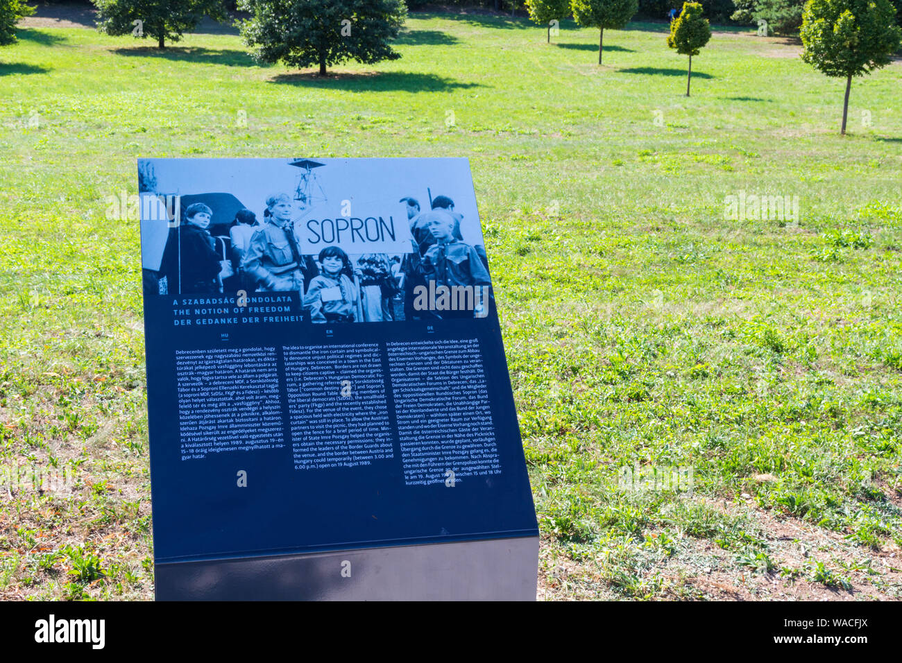 The Notion of Freedom outdoor info board about the Pan-European Picnic in Fertorakos, Hungary Stock Photo