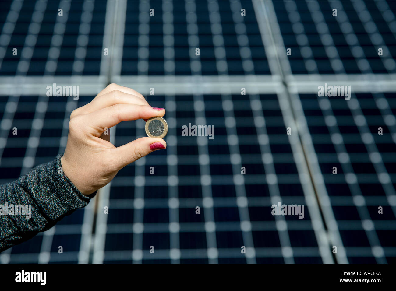 Selective focus on hand holding 1 euro coin and blurred solar panel cell on background with copy space. Money business in renewable energy power. Stock Photo