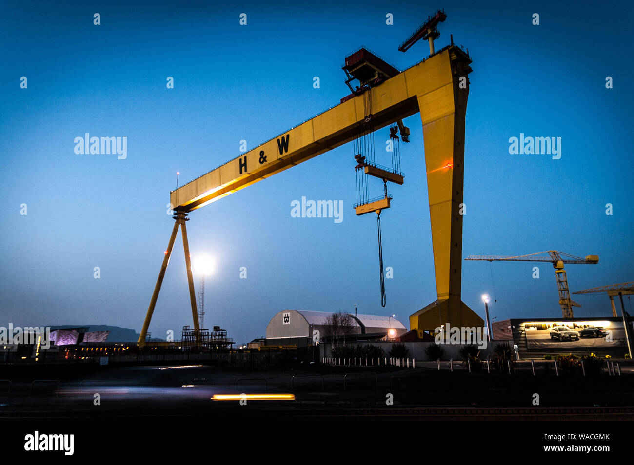 Harland and Wolff shipyard crane at night Stock Photo