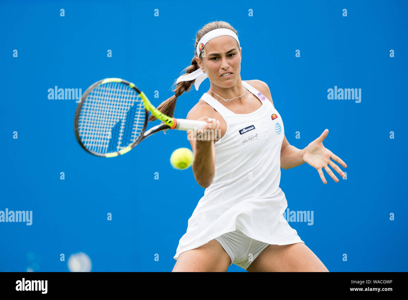 Monica Puig of Puerto Rico playing single handed forehand against Kristina  Mladenovic of France at Aegon International 2016, Eastbourne, England - T  Stock Photo - Alamy