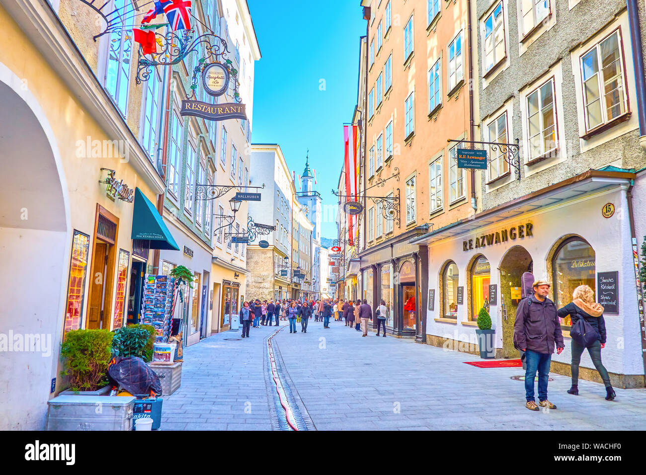 SALZBURG, AUSTRIA FEBRUARY 27, 2019 Narrow and busy Getreidegasse