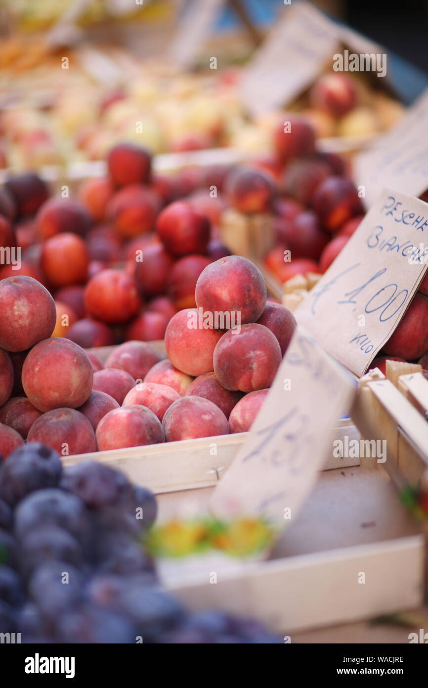 Fresh fruit in boxes on the counter of the agricultural market Stock ...