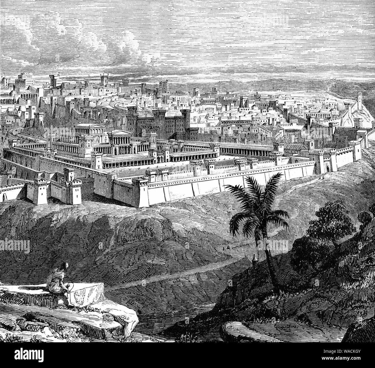 Jerusalem at the time of  the birth of Jesus Christ.  King Herod the Great,  (73 –  4 BCE) ruled over the Jews in Israel following his appointment by the Roman conquerers.  Once he was king, Herod launched an ambitious building program, both in Jerusalem and the spectacular port city of Caesarea, named after the emperor. He restored the magnificent Jerusalem temple, which was later destroyed by the Romans following a rebellion in A.D. 70. Stock Photo