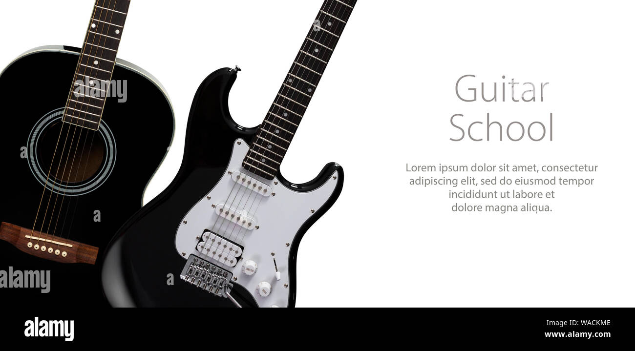 Black acoustic and electric guitars on a white background. Template