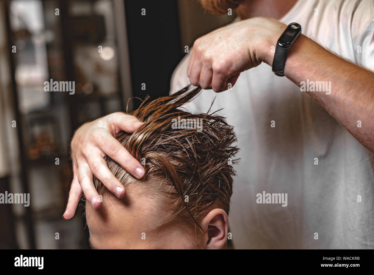 Men S Haircut And Hair Styling In A Barbershop Retro Photo Stock