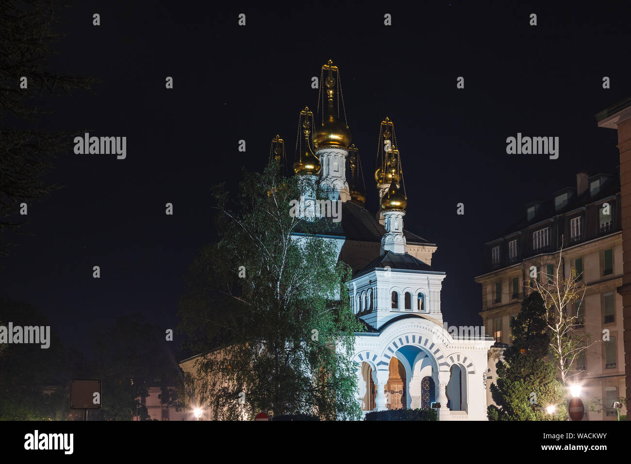 Russian orthodox church (Eglise Russe) with golden onion domes at beautiful summer night, Geneva, Switzerland, Europe Stock Photo