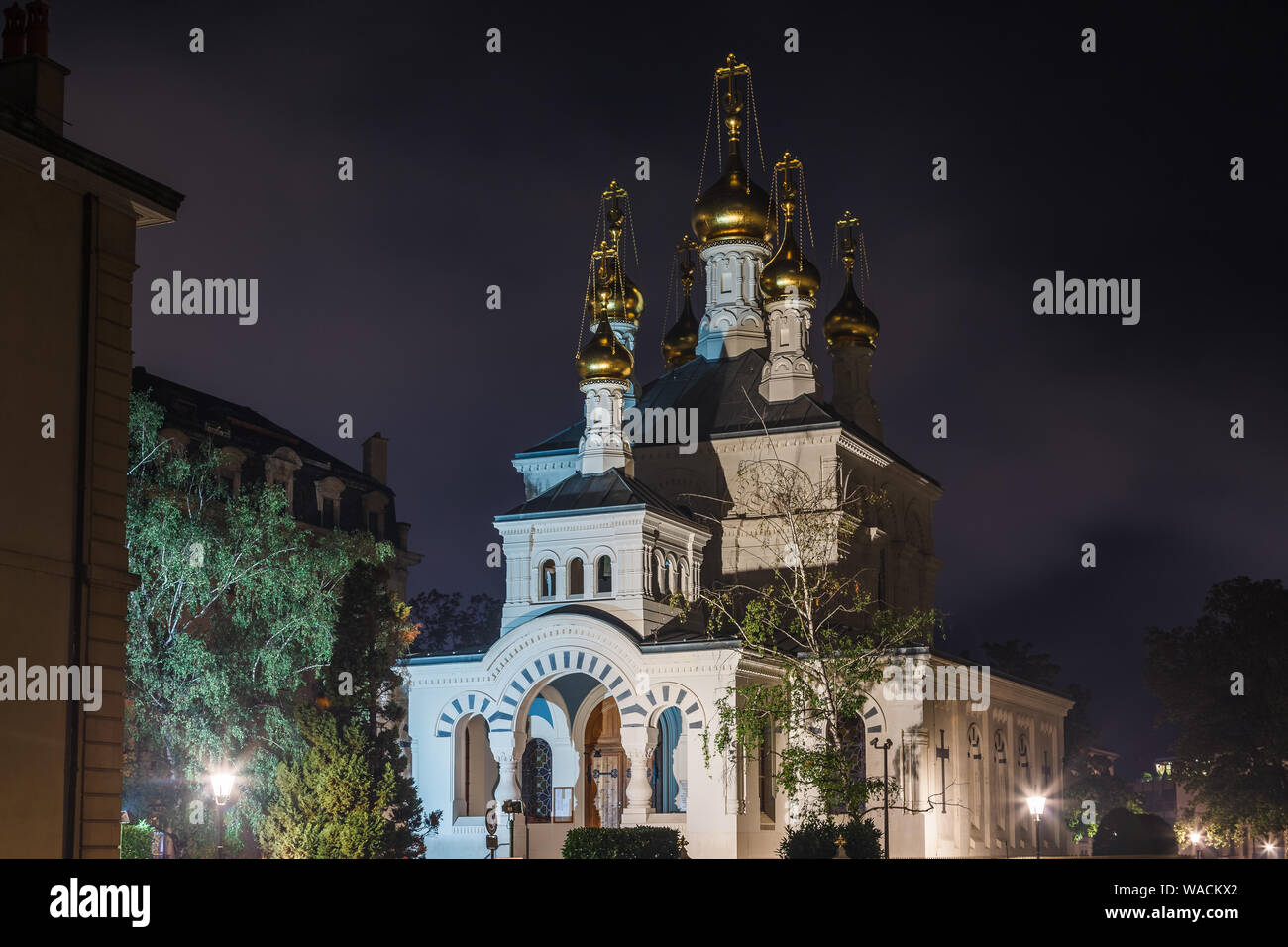 Russian orthodox church (Eglise Russe) with golden onion domes at beautiful summer night, Geneva, Switzerland, Europe Stock Photo
