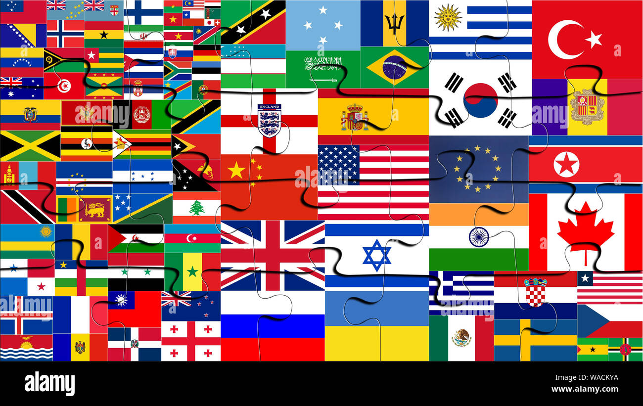 Jigsaw Puzzles with all world flags Stock Photo