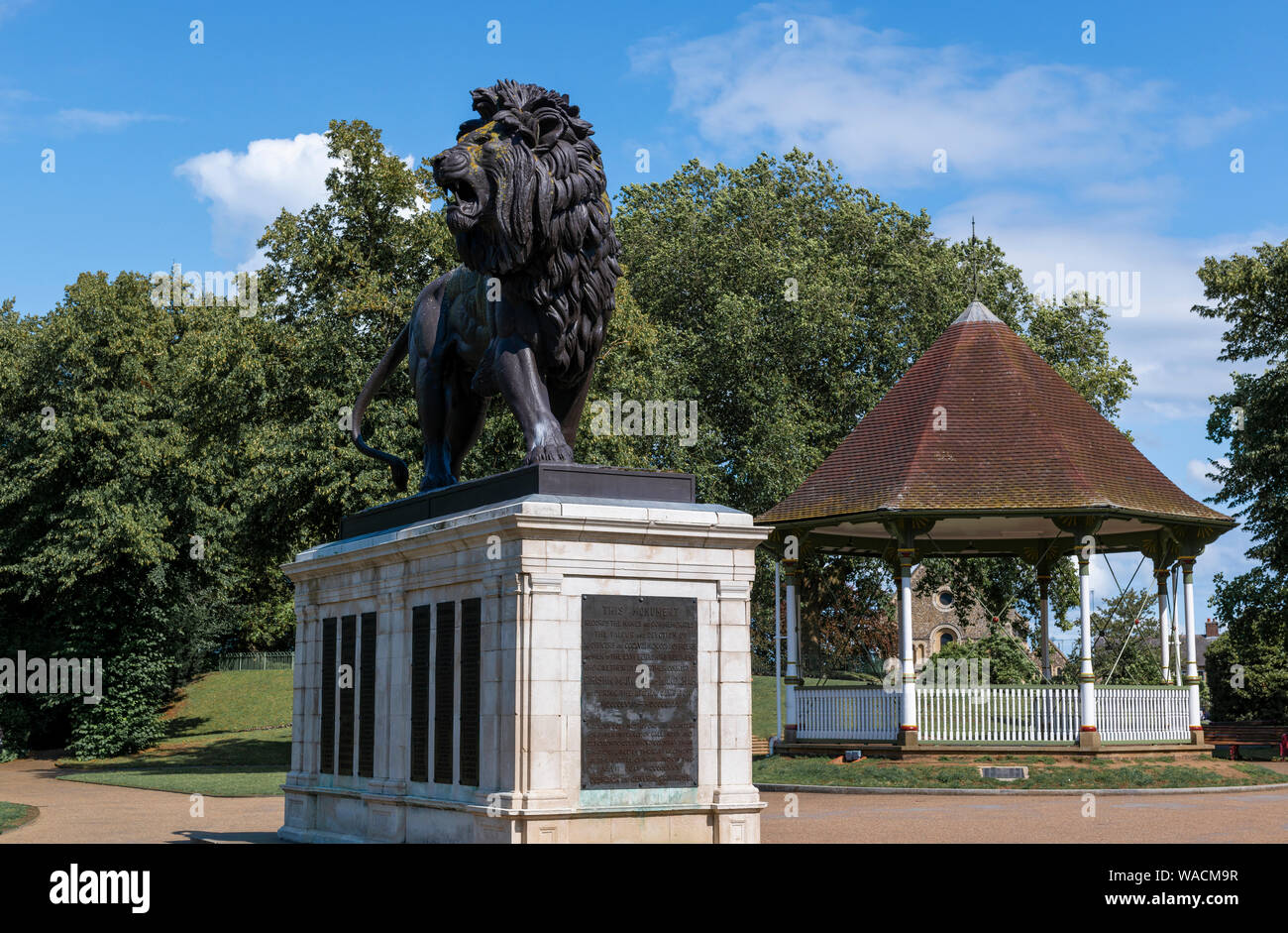 The Maiwand Lion sculpture stands in the centre of the public Forbury Gardens in Reading, Berkshire, England, UK Stock Photo