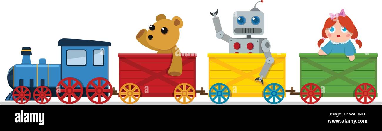 A colorful toy train carrying a teddy bear, a robot and a doll Stock Vector