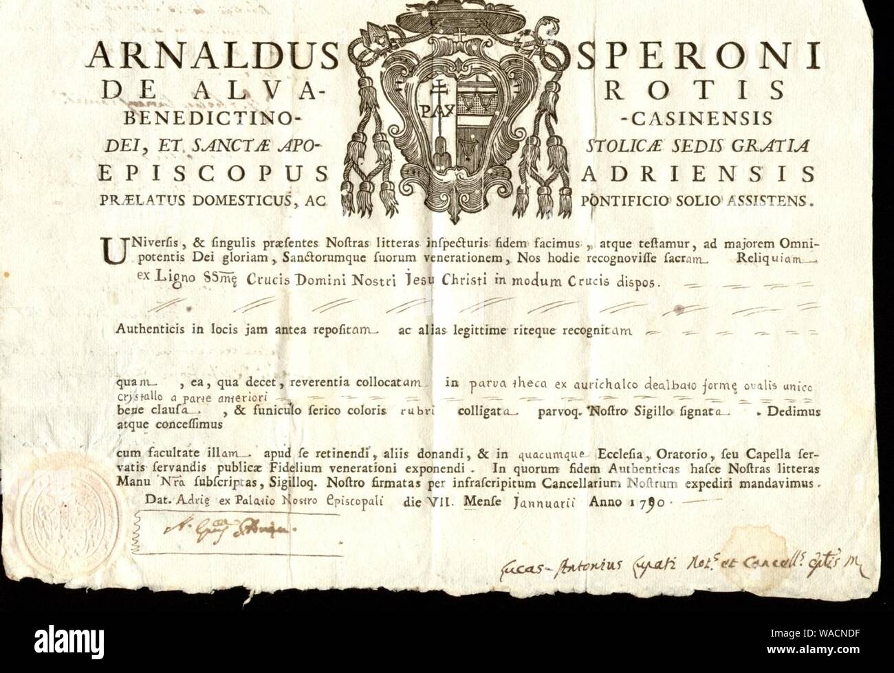 Documento Speroni Degli Alvarotti 1790. Stock Photo