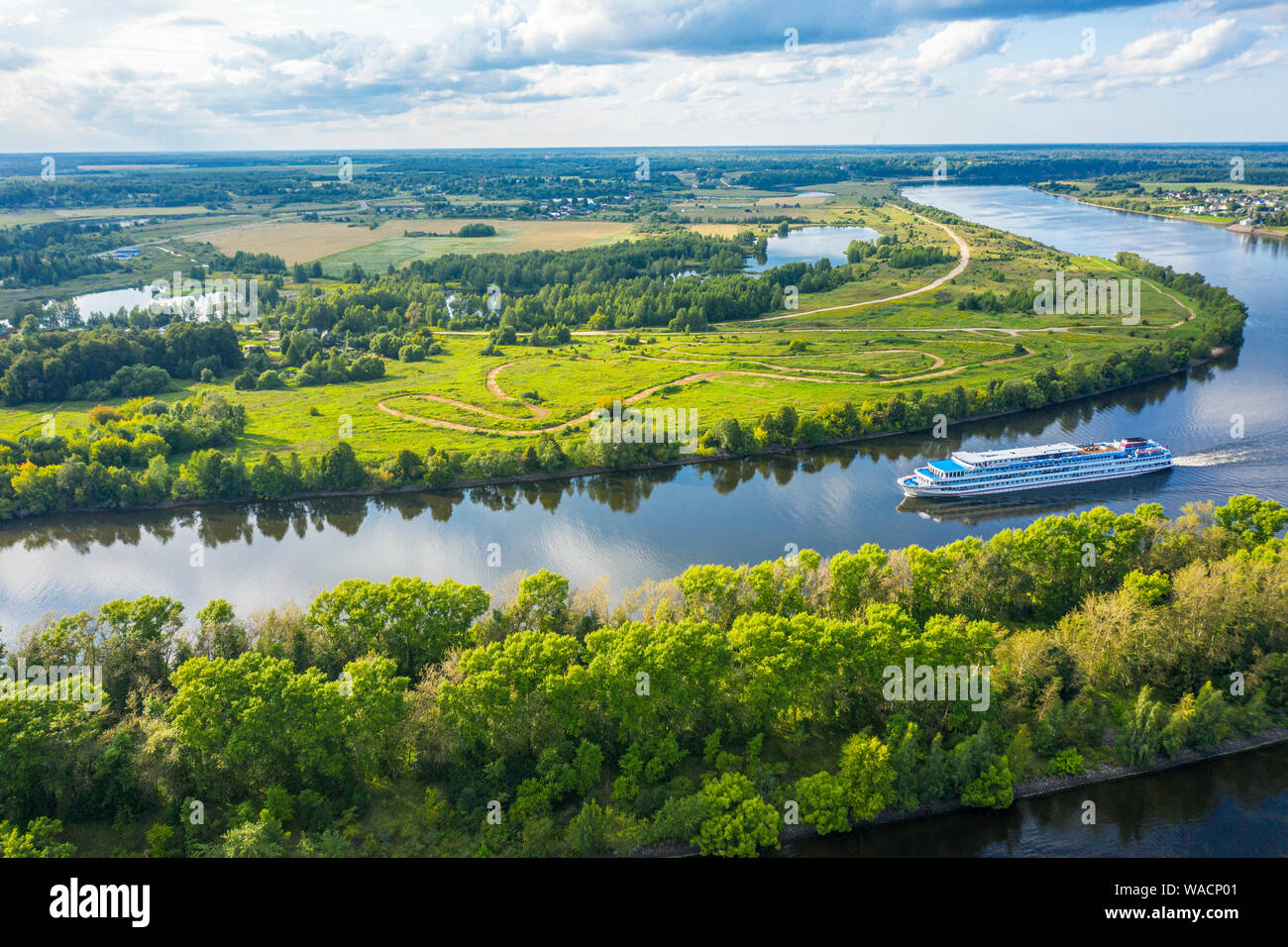 The Volga River, Russia. Tourist steamer floating on the Volga river channel, view from the quadcopter Stock Photo