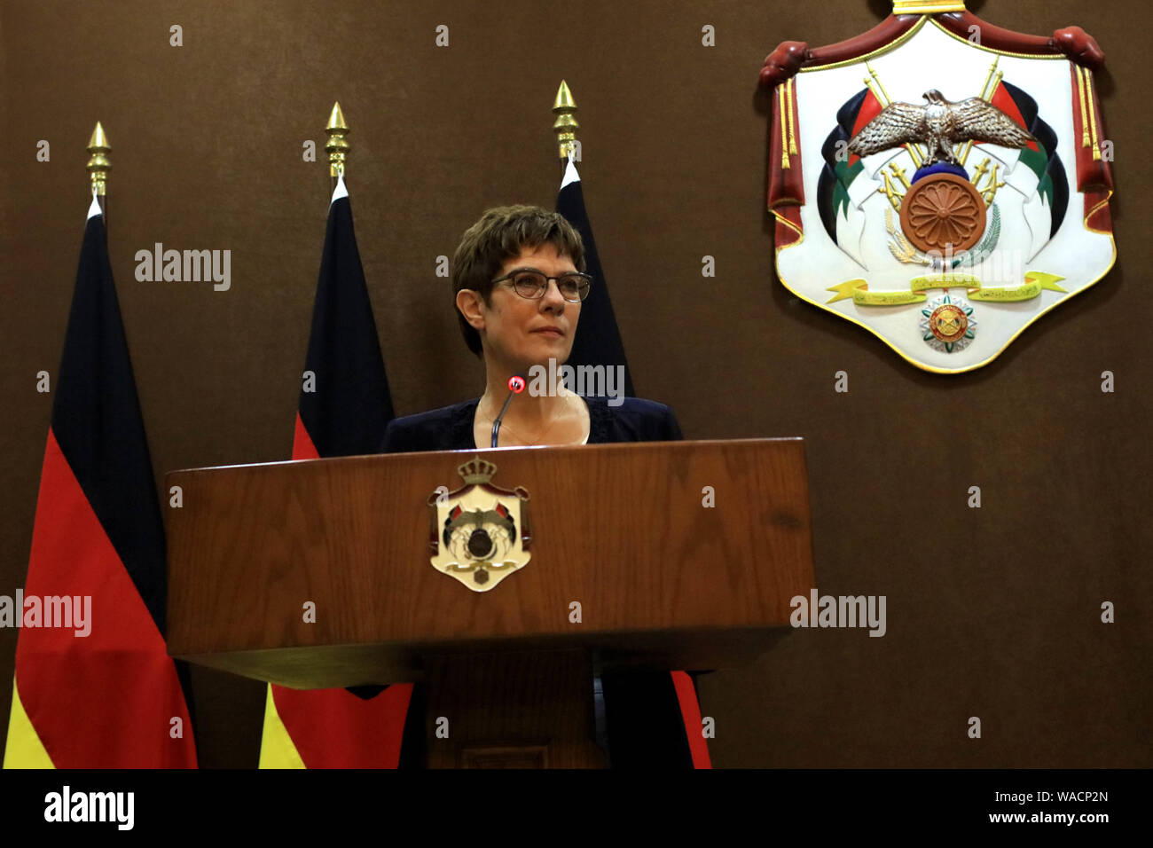 Amman, Jordan. 19th Aug, 2019. Germany's Defense Minister Annegret Kramp-Karrenbauer addresses a joint press conference in Amman, Jordan, on Aug. 19, 2019. Annegret Kramp-Karrenbauer on Monday stressed her country's support for the two-state solution to the Israeli-Palestinian conflict. Credit: Mohammad Abu Ghosh/Xinhua Stock Photo