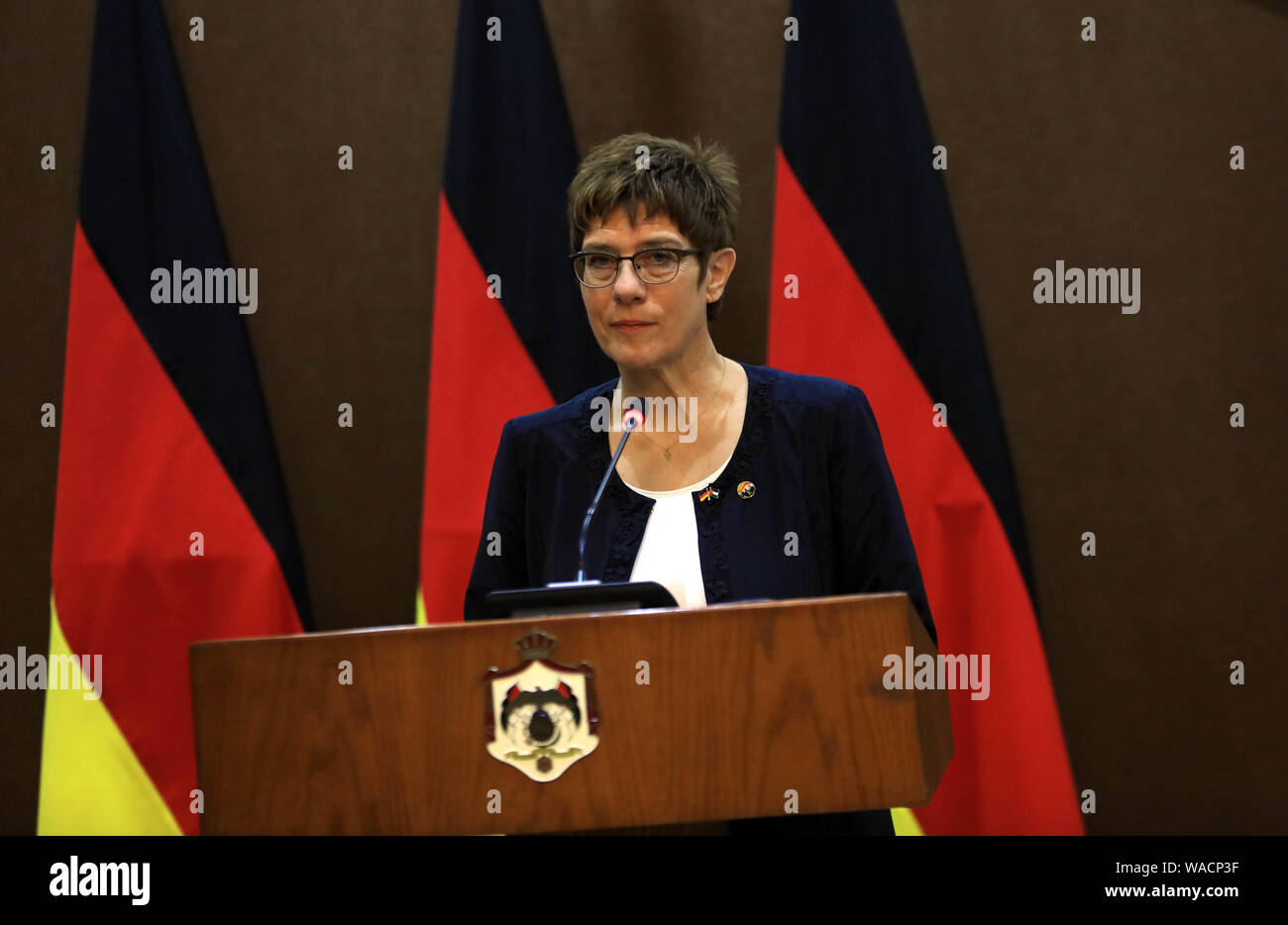 Amman, Jordan. 19th Aug, 2019. Germany's Defense Minister Annegret Kramp-Karrenbauer addresses a joint press conference in Amman, Jordan, on Aug. 19, 2019. Annegret Kramp-Karrenbauer on Monday stressed her country's support for the two-state solution to the Israeli-Palestinian conflict. Credit: Mohammad Abu Ghosh/Xinhua Stock Photo