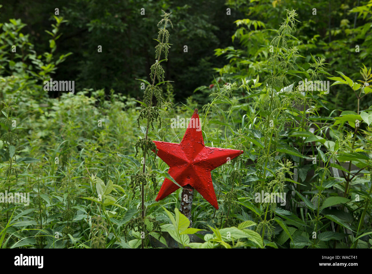 Red star on the abandoned grave at Ivanovskoye Cemetery in Yekaterinburg, Russia. Stock Photo