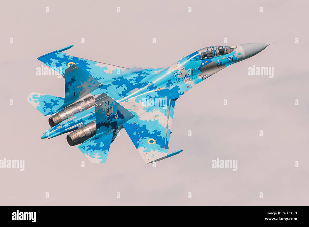 Ukrainian Air Force Sukhoi Su-27UB 'Flanker' Blue 71 from 831st Tactical Aviation Brigade performing an airshow routine in Radom, Poland. Stock Photo