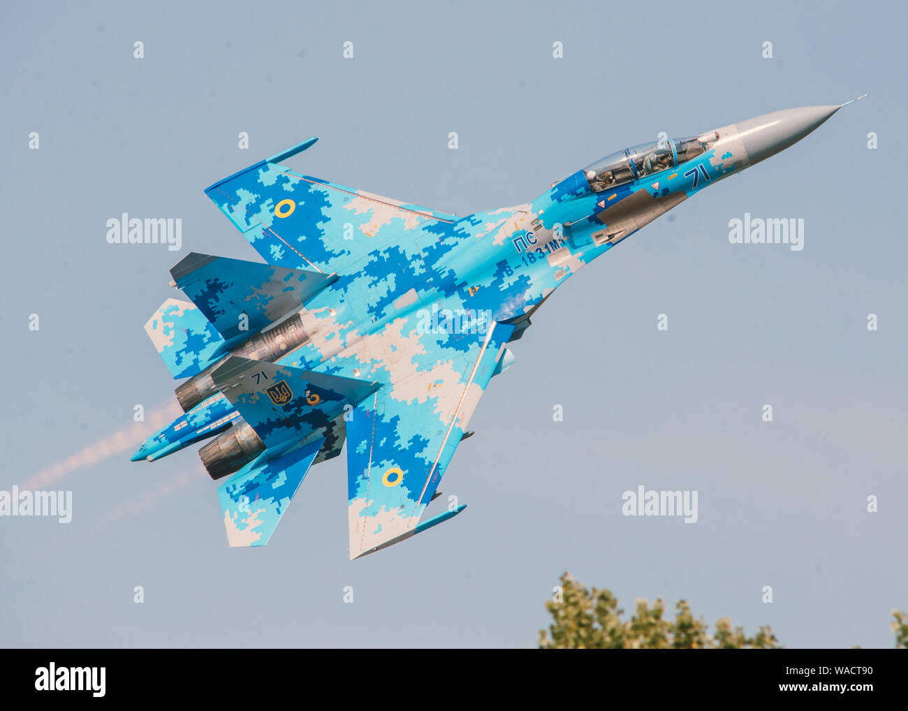 Ukrainian Air Force Sukhoi Su-27UB 'Flanker' Blue 71 from 831st Tactical Aviation Brigade performing an airshow routine in Radom, Poland. Stock Photo