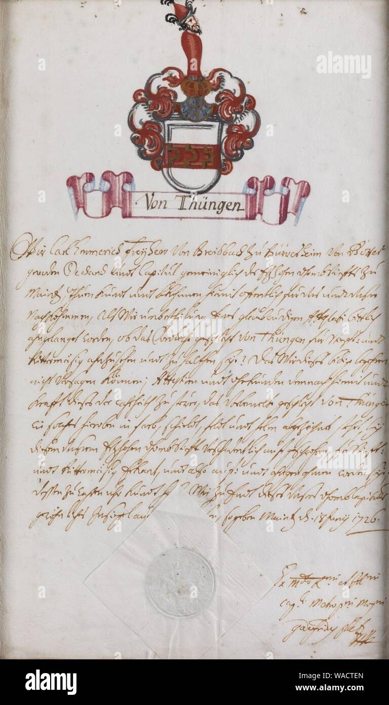 Dokument Thüngen 1726. Stock Photo