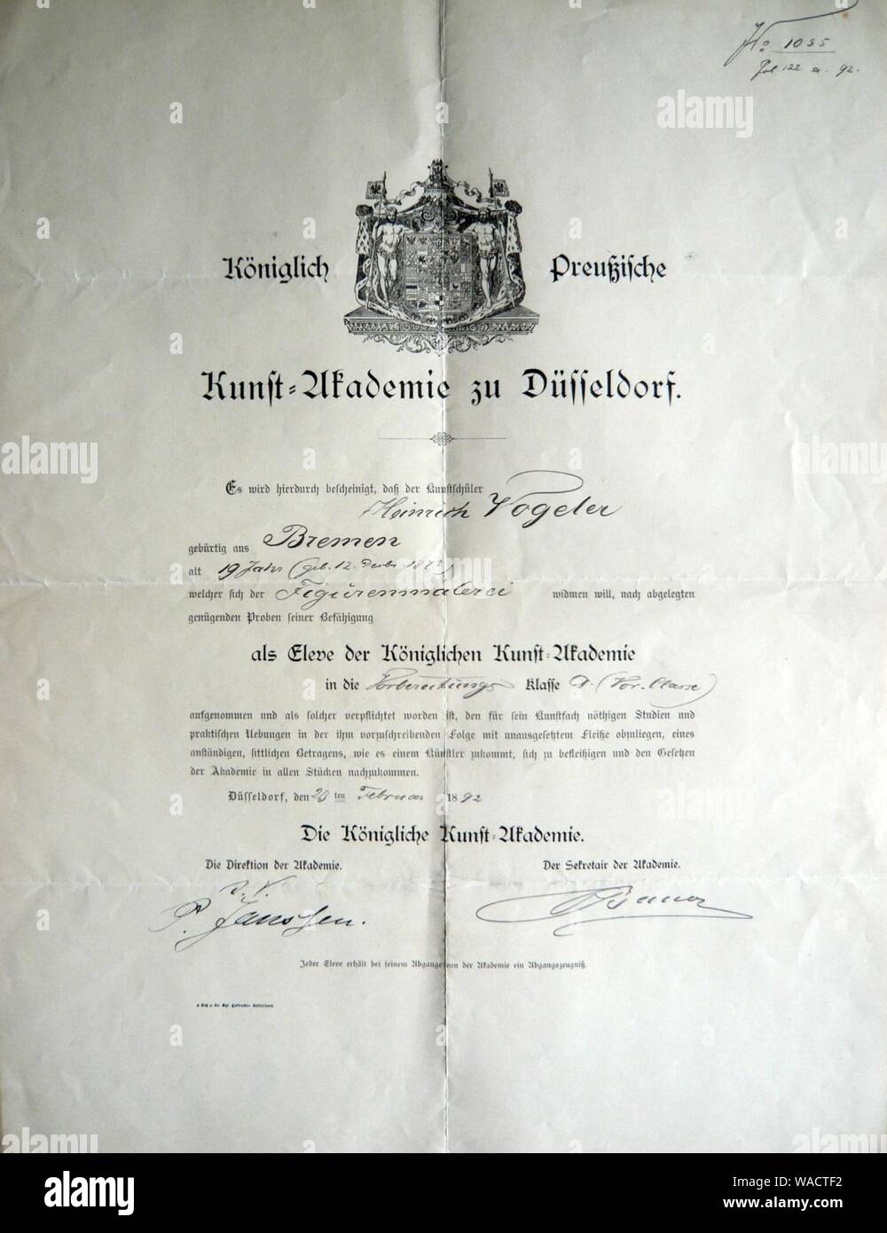 Dokument der Kunstakademie Düsseldorf, Aufnahme Heinrich Vogeler am 23. Februar 1892. Stock Photo