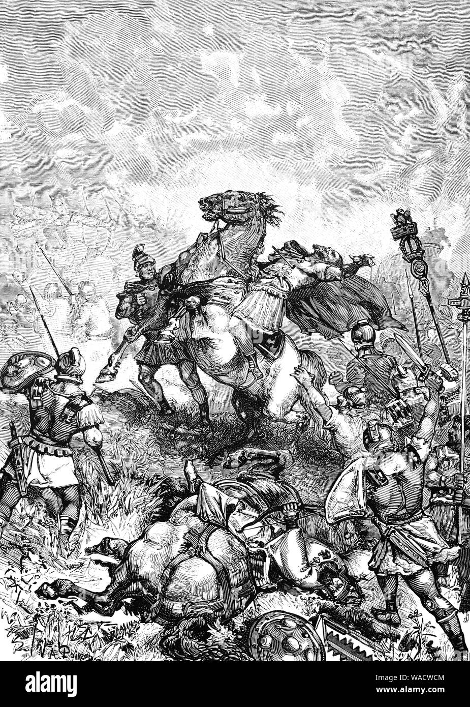 The death of Julian, Roman Emperor from 361 to 363. In his final year, he embarked on a  campaign against the Sassanid Empire. Initially successful, however during the Battle of Samarra, Julian was mortally wounded under mysterious circumstances,  A military commander, theosophist, social reformer, man of letters and the last non-Christian ruler of the Roman Empire. He wanted to restore the Empire's ancient Roman values and traditions in order to save it from dissolution, an aim that caused him to be remembered as Julian the Apostate by the Christian church. Stock Photo