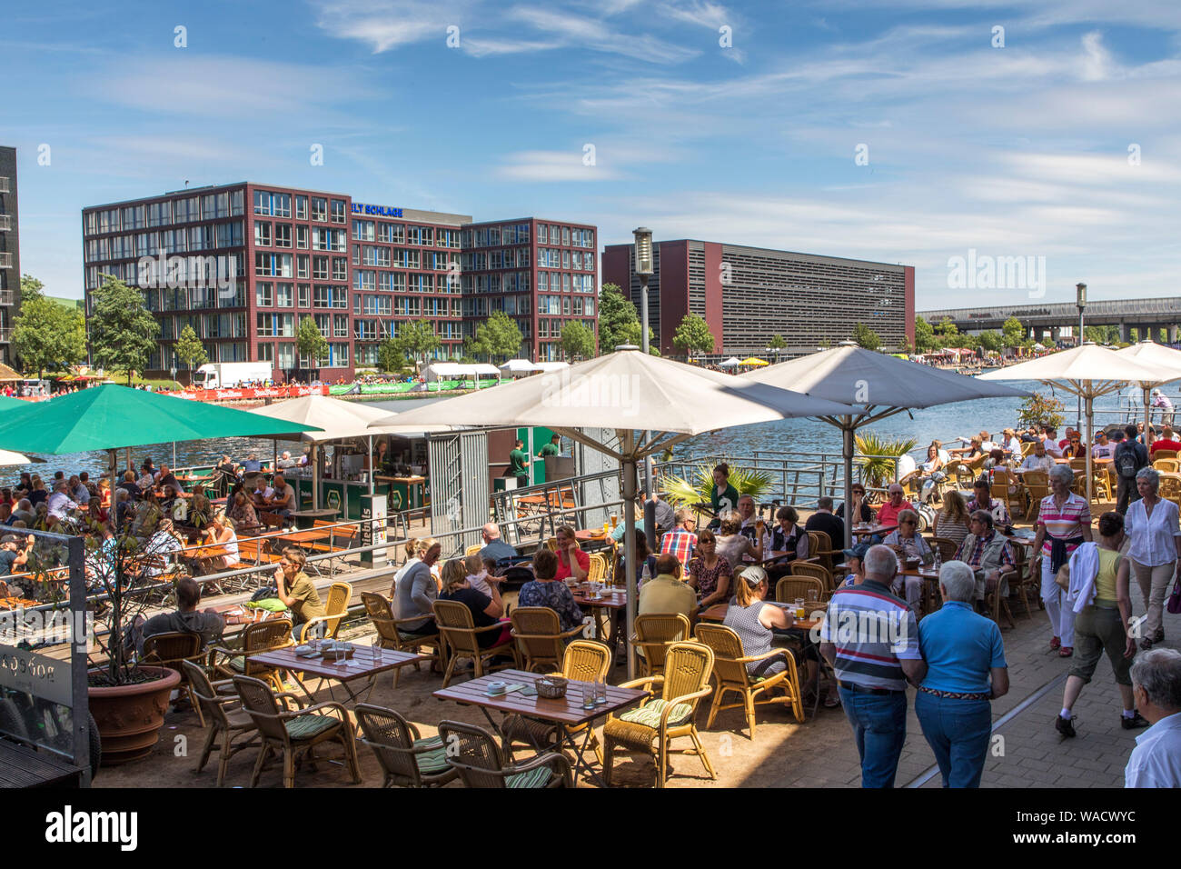Duisburg, inner harbour, gastronomy mile, beer gardens, cafés, restaurants, Stock Photo
