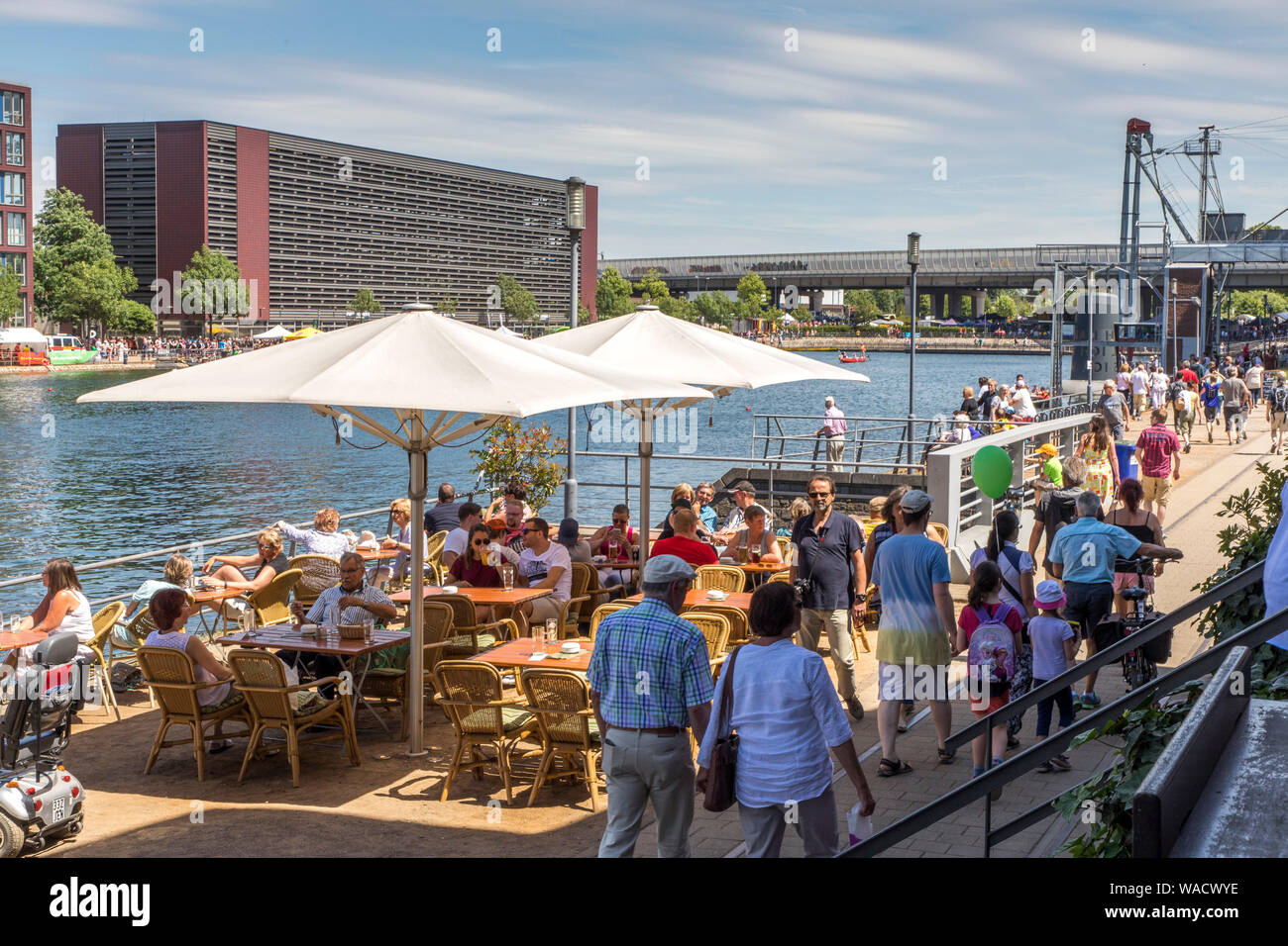 Duisburg, inner harbour, gastronomy mile, beer gardens, cafés, restaurants, Stock Photo