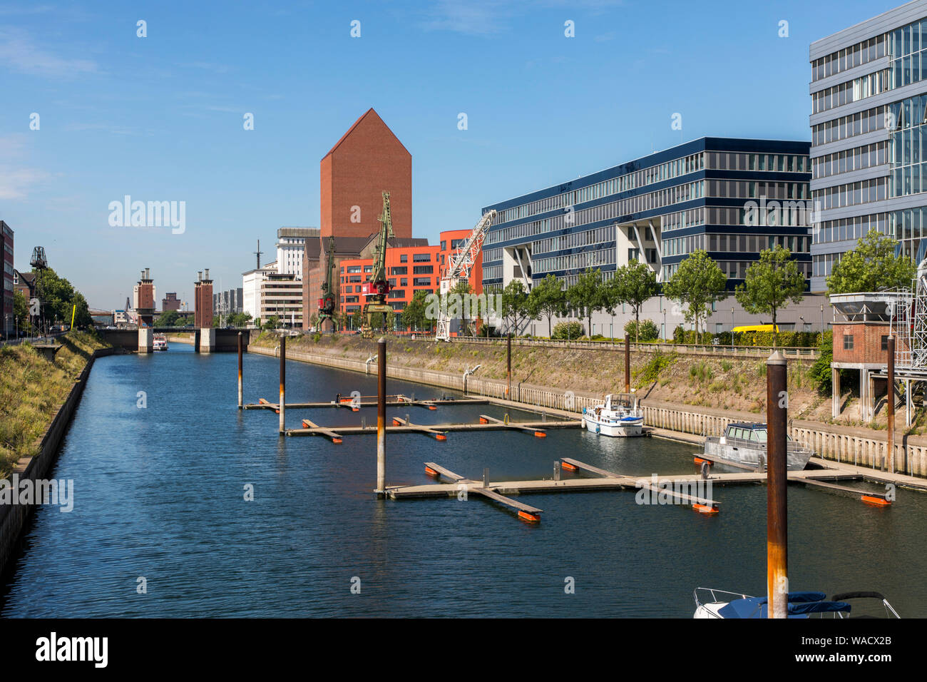 Duisburg, inner harbour, office building, brick tower of the Landesarchiv NRW, Stock Photo