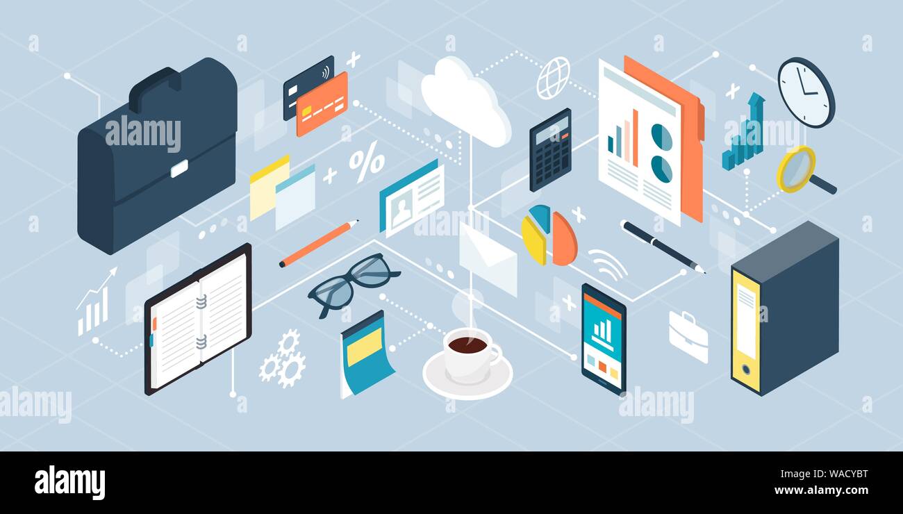 Business, management and financial services: isometric work desktop equipment and concepts connecting together Stock Vector