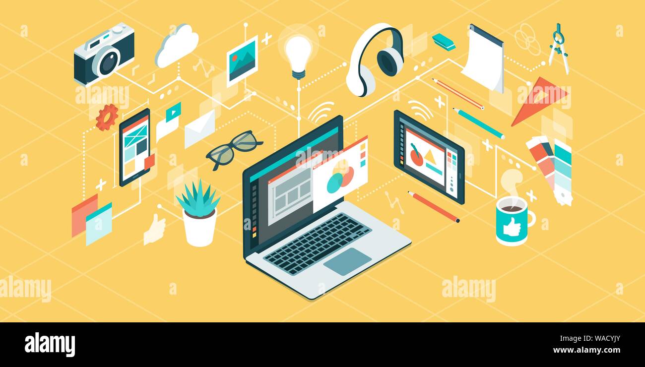 Innovative graphic designer desktop workspace and tools, isometric objects connecting together in a network, technology and creativity concept Stock Vector