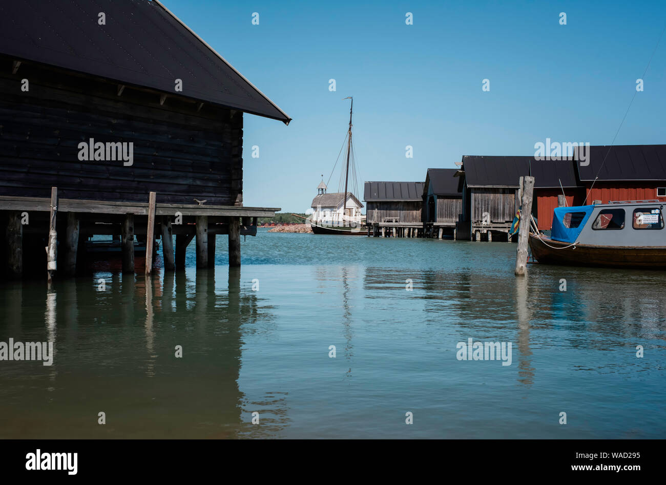 traditional Scandinavian boat huts in summer Stock Photo