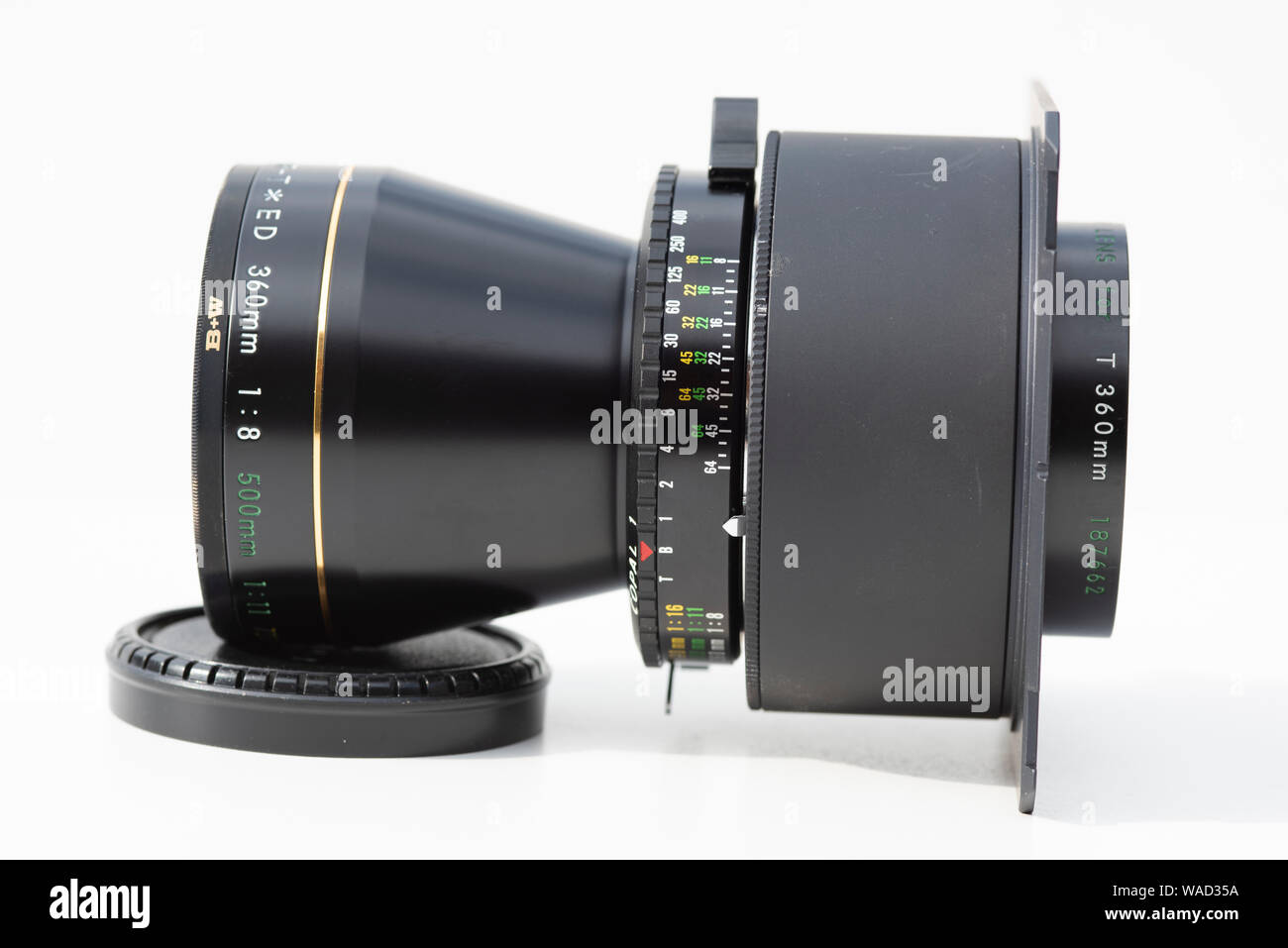 A Nikkor-T 360mm Telephoto lens for large format cameras mounted on a 'top hat' lensboard Stock Photo